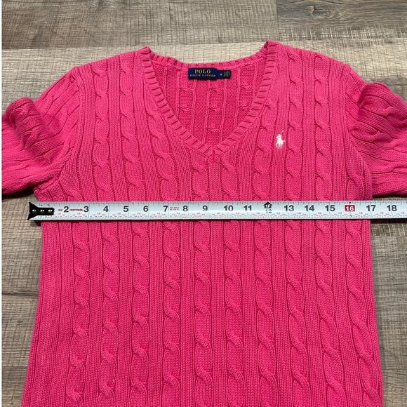 Polo Ralph Lauren Womens Size Medium Pink Cotton Cable Neck V Neck Sweater - Picture 7 of 7